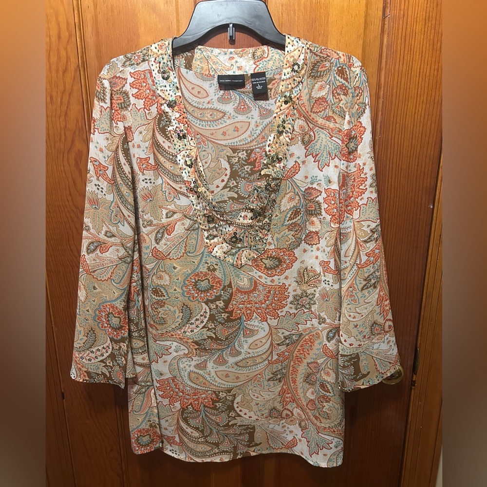 New York & Company Paisley Sequins Blouse L